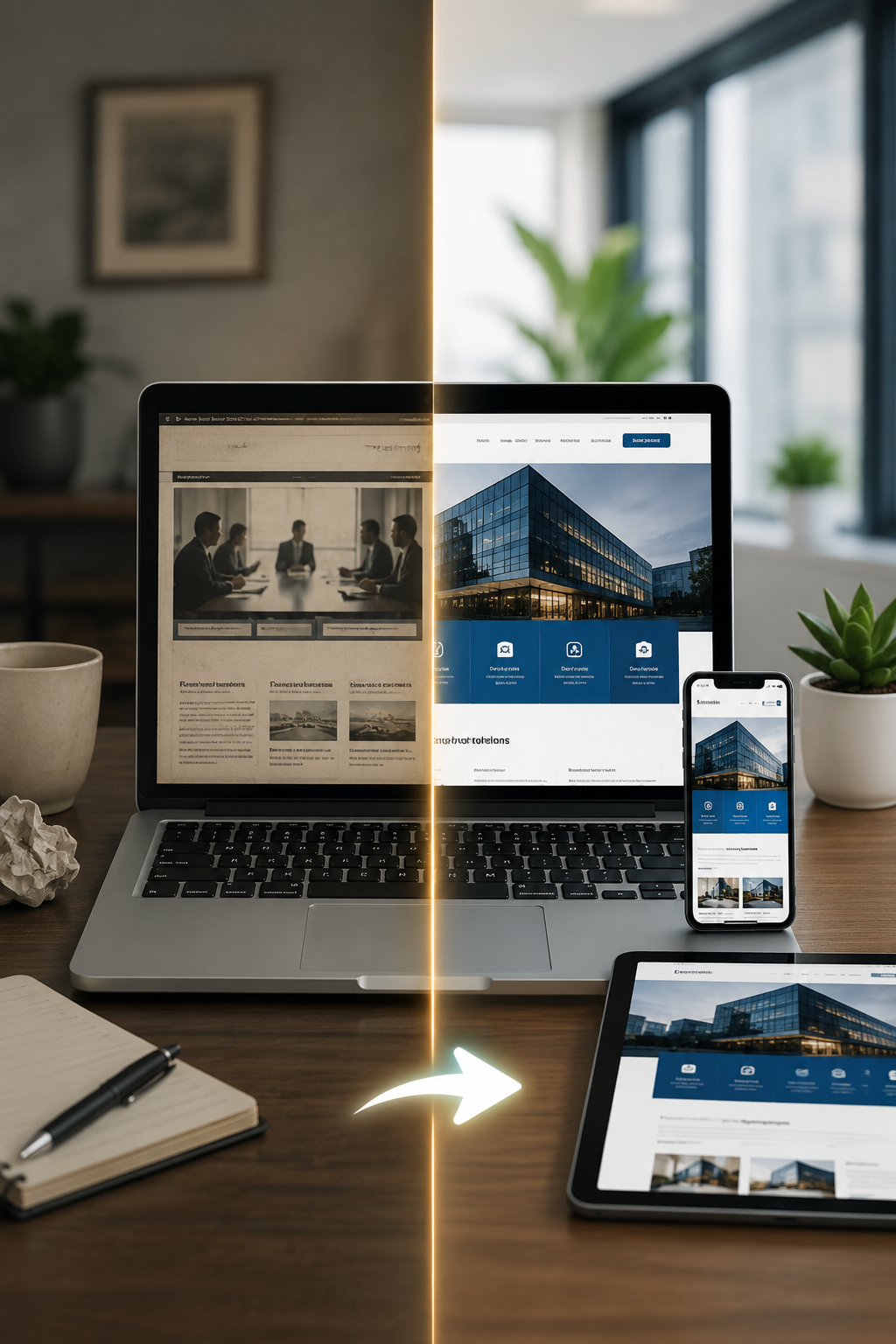 Outdated business website transforming into a modern responsive website